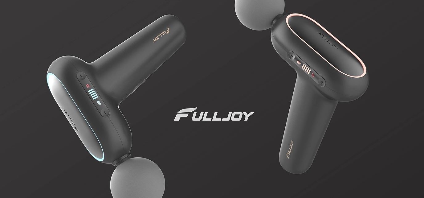 黑色 FULLJOY 品牌便携筋膜枪,哑光质感机身,品牌标识特写,肌肉放松理疗产品,苏州驰隐工业设计项目